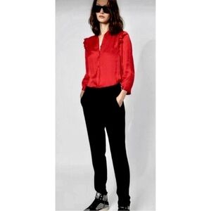 ZADIG & VOLTAIRE Red Tygg Satin Blouse Size Large Washable Ruffle Shoulder